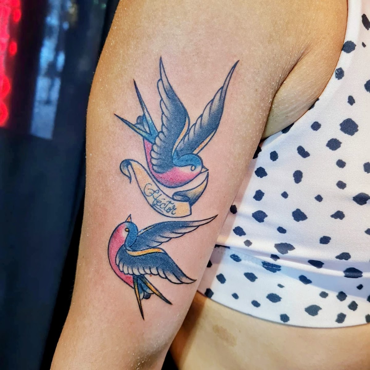 Tatuaje old school de golondrinas a color en el brazo